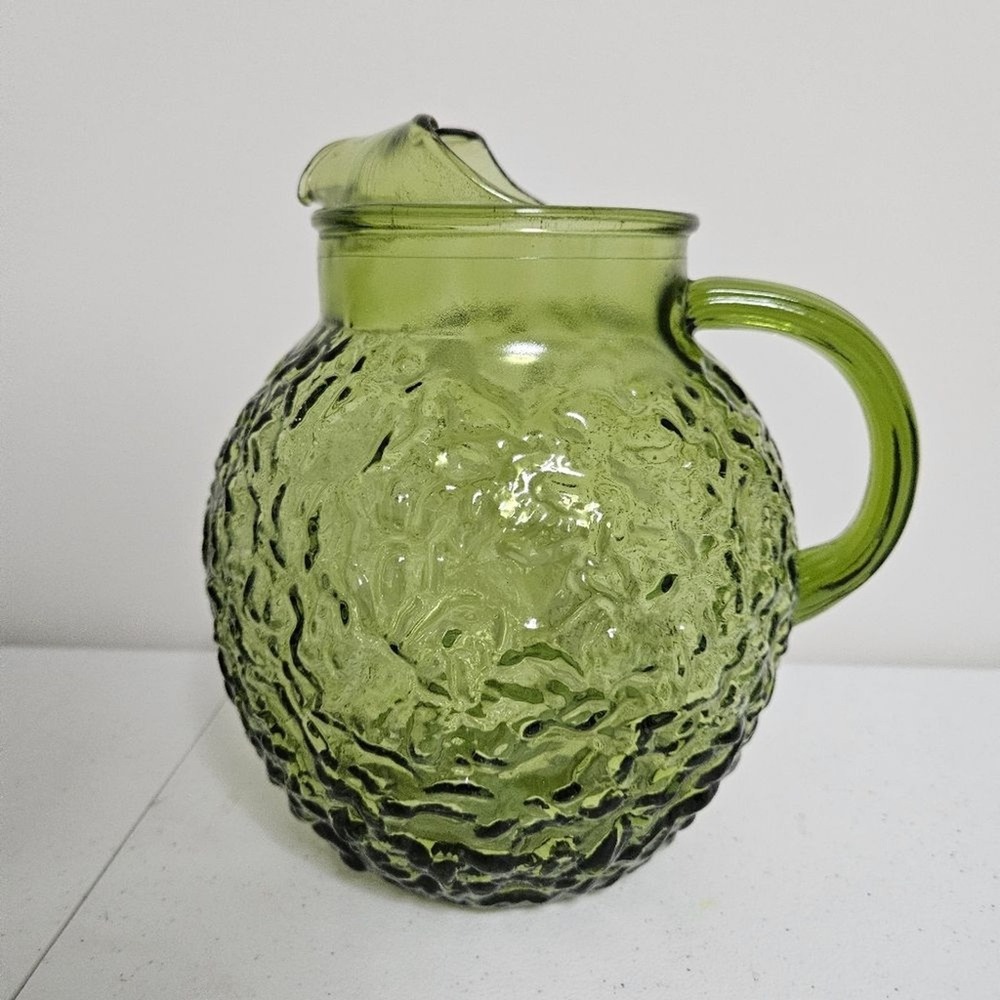 Vintage Anchor Hocking Pitcher 3 QT Glass Avocado Green Lido Milano Pattern EUC - Picture 4 of 9